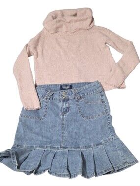 Vtg New Angels Blue Denim Jean Skirt 7 with Gold Stitching & Sweater  Jr Med
